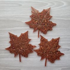 three brown maple leaf magnets sitting on top of a table