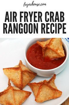 air fryer crab rangoon recipe on a plate with dipping sauce in the bowl