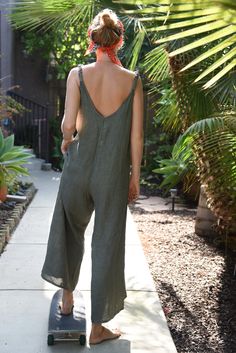 The Linen Jumpsuit // Fern – Beachwood Baby Linen Jumpsuit Outfit, Summer Jumpsuit Outfit, Linen Outfits, Loose Overalls, Linen Fashion, Plant A Tree, Linen Jumpsuit, Linen Style, Casual Jumpsuit