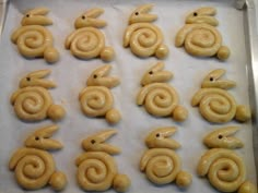 some kind of food that looks like spirals on a baking sheet in the oven