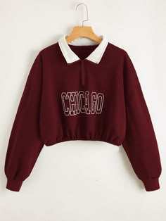 Burgundy Casual  Long Sleeve Polyester Letter Half Placket  Slight Stretch Spring/Fall Women Sweatshirts Half Hoodie Crop Outfit, Oversized Crop Top Outfit, Crop Sweater Outfit, Cropped Sweatshirt Outfit, Sweatshirt Crop Top, Short Sweatshirt, Crop Sweatshirt Hoodie, Oversized Crop Top, Women Sweatshirts