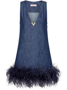 Valentino Ready To Wear indigo blue cotton denim signature V gold-tone logo plaque plunging V-neck sleeveless feather-trim hem thigh-length Valentino Ready To Wear, Feather Embroidery, Denim Short Dresses, Chambray Shorts, Mesh Maxi Dress, City Dress, Denim Mini Dress, Denim Short, Denim Mini