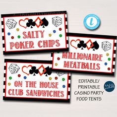 three casino party signs with dices and playing cards on them, one for each member