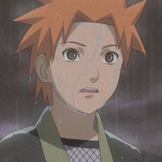 an anime character with red hair and brown eyes looks at the camera while standing in the rain