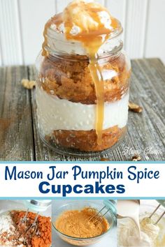 mason jar pumpkin spice cupcakes with whipped cream and caramel drizzle