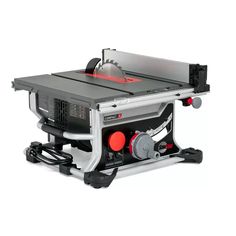 a table saw is shown on the back of a white background with red buttons and black handles