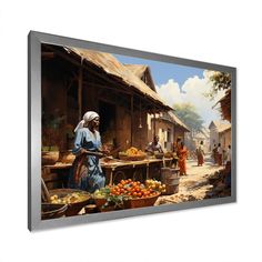 a painting of a woman standing in front of a fruit stand