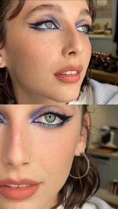 Deep Blue Makeup, Young Makeup Looks, Blue Makeup Hooded Eyes, 2024 Eyeshadow Looks, Pretty Makeup Looks For Blue Eyes, Blue Eye Makeup Brown Eyes, Abba Makeup, Emma Chamberlain Makeup, Blue Mascara Looks