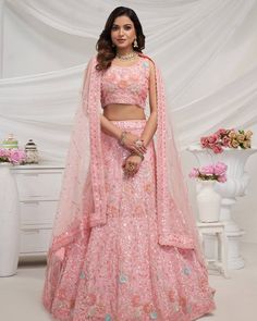 Pink Net Lehenga, Simple Lehenga, Indian Lehenga Choli, Lehenga Gown, Bollywood Lehenga, Indian Lehenga