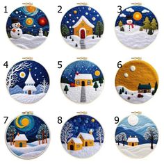 twelve christmas ornament designs with houses and trees in the snow, on white background