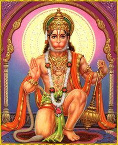 the hindu god is sitting in front of a rainbow colored background with his hands up