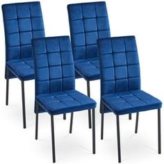 four blue velvet dining chairs with black metal legs