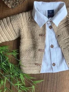 a sweater and tie sitting on top of a wooden table next to some plants in front of it