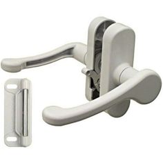 a white door handle with a latch on the front and side handles to both sides