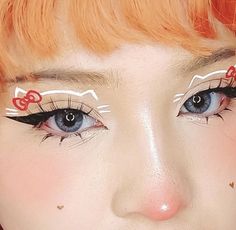 Hello Kitty Eye Contacts, Hello Kitty Make Up Looks, Hello Kitty Makeup Ideas, Hello Kitty Inspired Makeup, Hello Kitty Eye Makeup, Kitty Makeup Halloween, My Melody Makeup Look, Sanrio Makeup Look, Hello Kitty Halloween Makeup