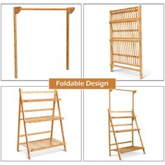 four different types of wooden shelves with the words foldable design written below each shelf