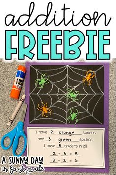 a spider web with the words addition freebie on it and scissors next to it