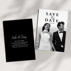 a black and white wedding save the date card with an image of a bride and groom