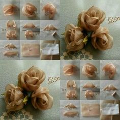 several pictures of how to make an artificial rose with silk ribbon and paper machs