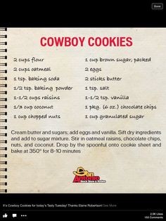 a recipe for cowboy cookies with instructions on it