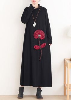 Simple red Lotus Long dress high neck Maxi Dress - SooLinen High Neck Long Dress, High Neck Maxi Dress, Red Lotus, Dress High Neck, Boutique Dress Designs, Maxi Dress Green, Black Maxi Dress, Dress Materials, One Size Fits All