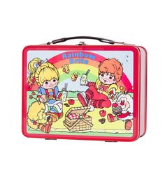 a red lunch box with two girls and animals on the front, rainbow brits