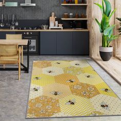 a kitchen area with a table, chair and rug on the floor in front of it