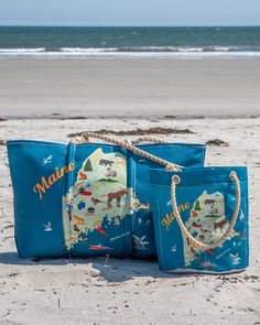 three blue bags sitting on top of a sandy beach