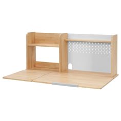 a wooden desk with two shelves and one shelf on the other side, in front of a white background