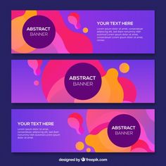 three abstract banners with circles and shapes on purple, pink and yellow colors background illustration