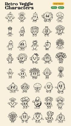 an image of cartoon characters drawn in black and white on a beige background with the words retro veggies characters