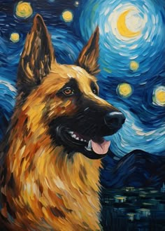 a painting of a german shepherd in front of a starry night