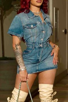 The%20cowboy%20blue The Cowboy, Denim Romper, Turndown Collar, Adjustable Waistband, Denim Jumpsuit, Streetwear Women, Cinched Waist, Olivia Mark