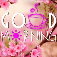 the words good morning are written in front of pink flowers and a cup of coffee