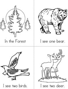 four different animals that are in the forest and one is bear, deer, i see two