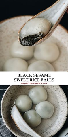 black sesame sweet rice balls in a white bowl with spoon and title text overlay