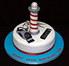 there is a birthday cake with barber accessories on it