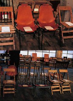 the chairs are made out of wood and have leather seats