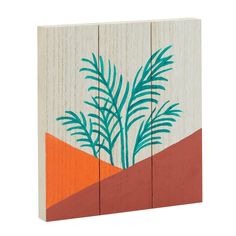 an image of a plant painted on wooden planks that are white and orange with green leaves