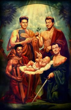 a painting of three men holding a baby in front of him and another man standing next to them