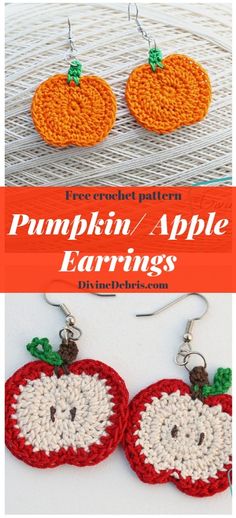 two crocheted pumpkin and apple earrings with text overlay that says free pattern