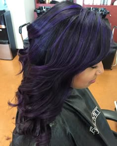 Lavender Streaks In Black Hair, Purple Hair Designs, Dark Purple Hair Streaks, Aubergine Highlights, Dark Purple Highlights Dark Hair, Purple Streaks In Hair, Purple Streaks In Black Hair, Black Hair With Purple Underneath, Dark Hair Purple Highlights