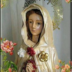 a statue of the virgin mary with flowers around her