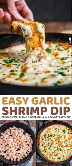 an easy garlic shrimp dip recipe in a cast iron skillet and topped with parmesan cheese