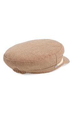 A faux leather strap adds a rich trim to nubby tweed woven cap with a retro-cool sea captain silhouette. 22" opening circumference Polyester with faux leather Imported Brown Wool Visor Hat, Beige Visor Hat For Fall, Brown Tweed Cap, Chic Beige Cap Hat, Chic Beige Cap Style Hat, Chic Beige Cap, Beige Woven Visor Hat, Casual Brown Tweed Hat, Chic Brown Visor Hat