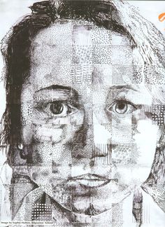 a black and white drawing of a woman's face with many small squares on it