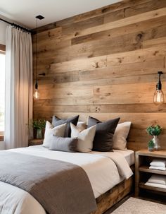 a bedroom with wood paneling and white bedding