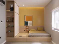 a bedroom with yellow walls and white flooring, built in bookshelves to the side