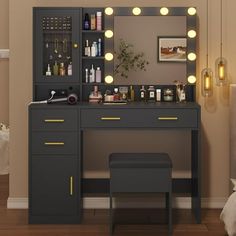 a vanity with lights on it in a bedroom