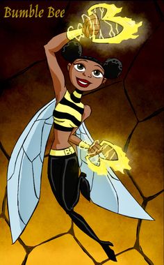 a cartoon character with a bee on her chest and arms in the air, holding a fire